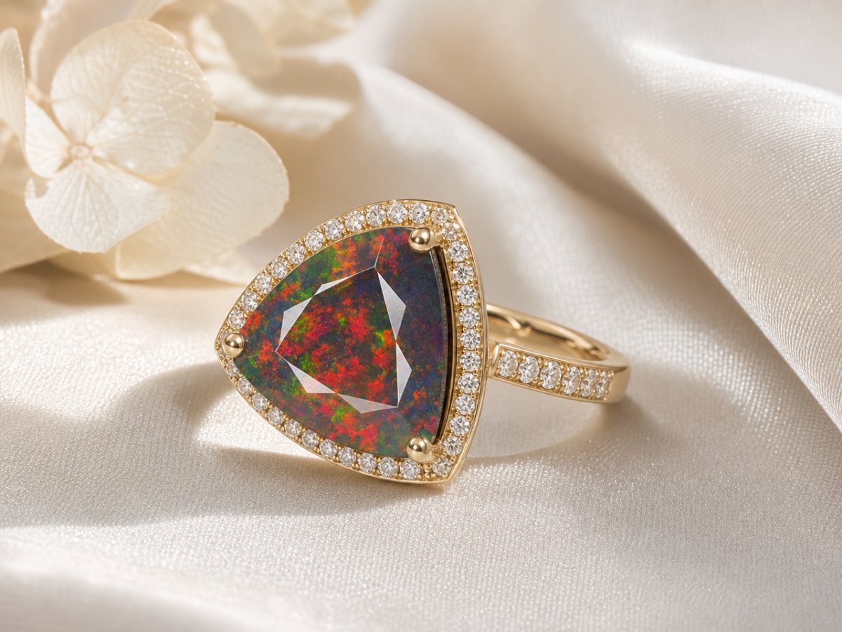Black Opal gemstones shown in jewelry