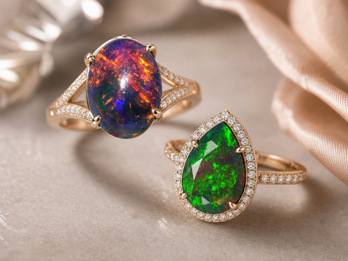 Black Opal gemstones shown in jewelry