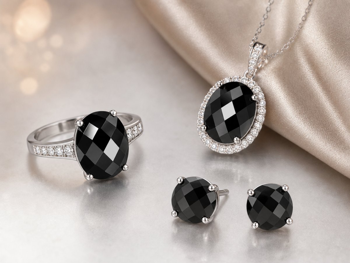Black Spinel gemstones shown in jewelry