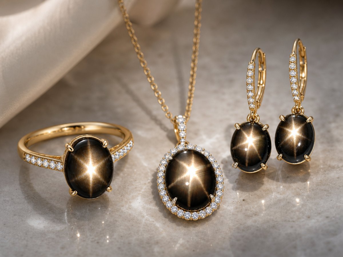 Black Star Sapphire gemstones shown in jewelry