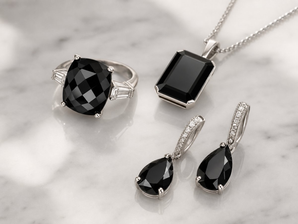 Black Tourmaline gemstones shown in jewelry