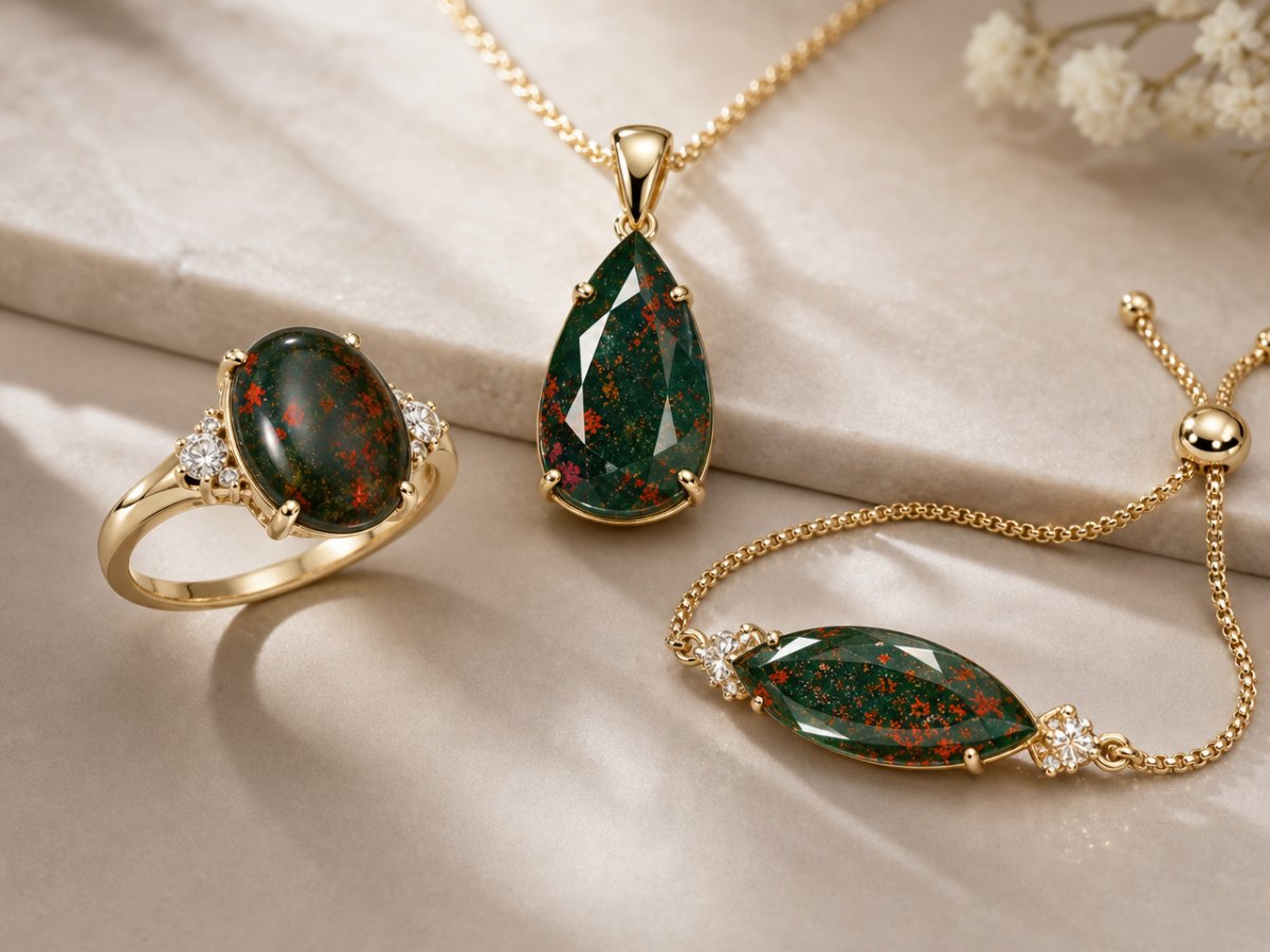 Bloodstone gemstones shown in jewelry