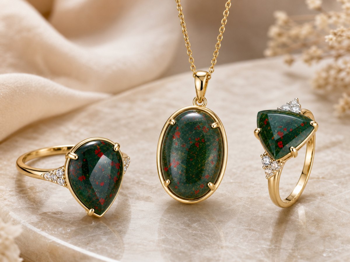 Bloodstone gemstones shown in jewelry