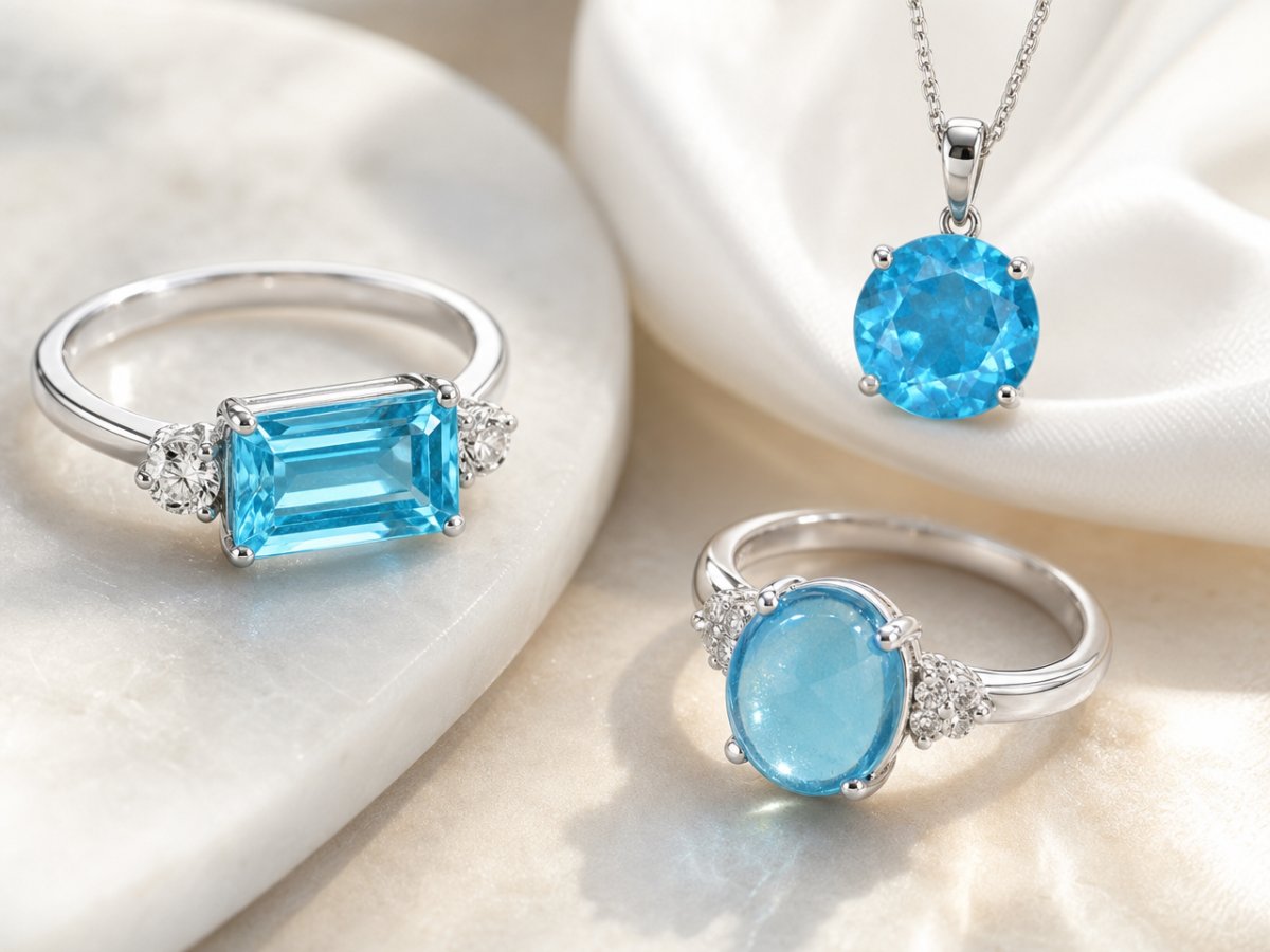 Blue Apatite gemstones shown in jewelry