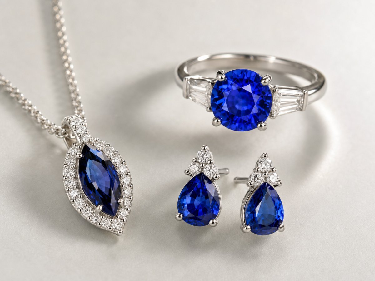 Blue Sapphire gemstones shown in jewelry