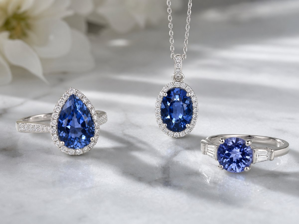 Blue Spinel gemstones shown in jewelry