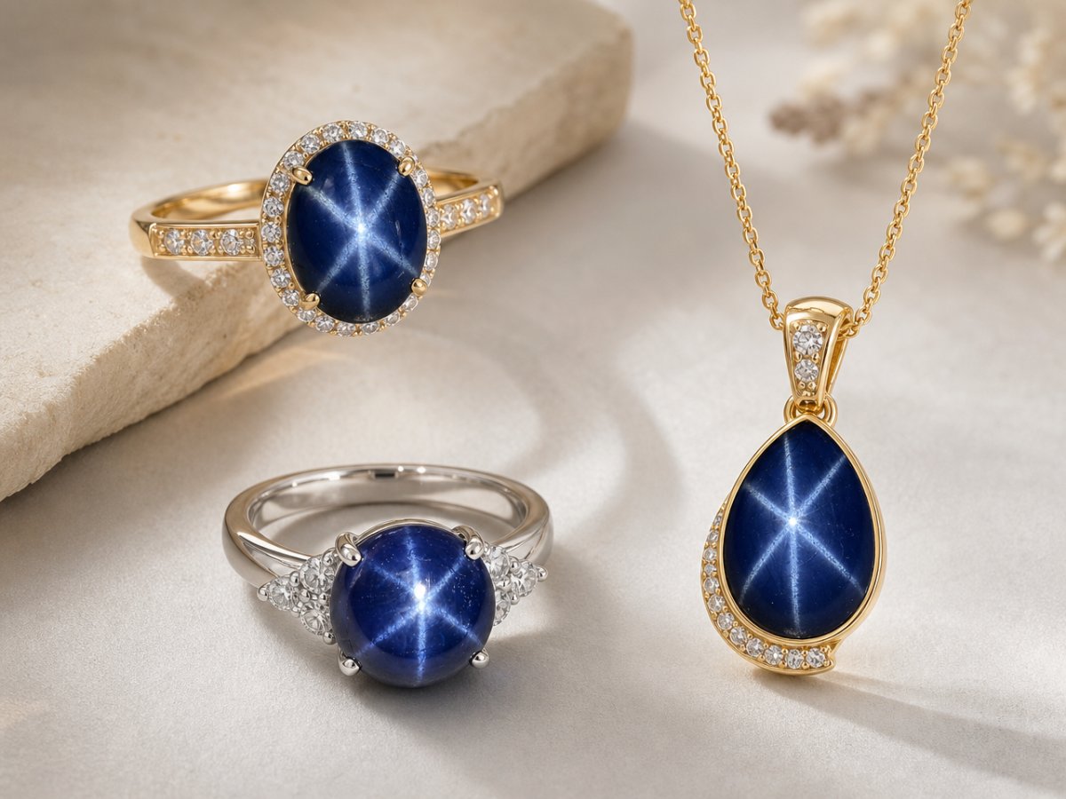 Blue Star Sapphire gemstones shown in jewelry
