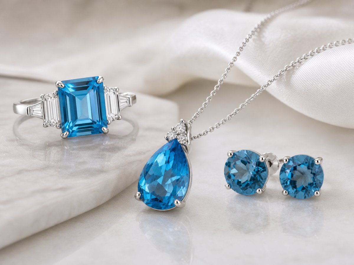 Blue Topaz gemstones shown in jewelry