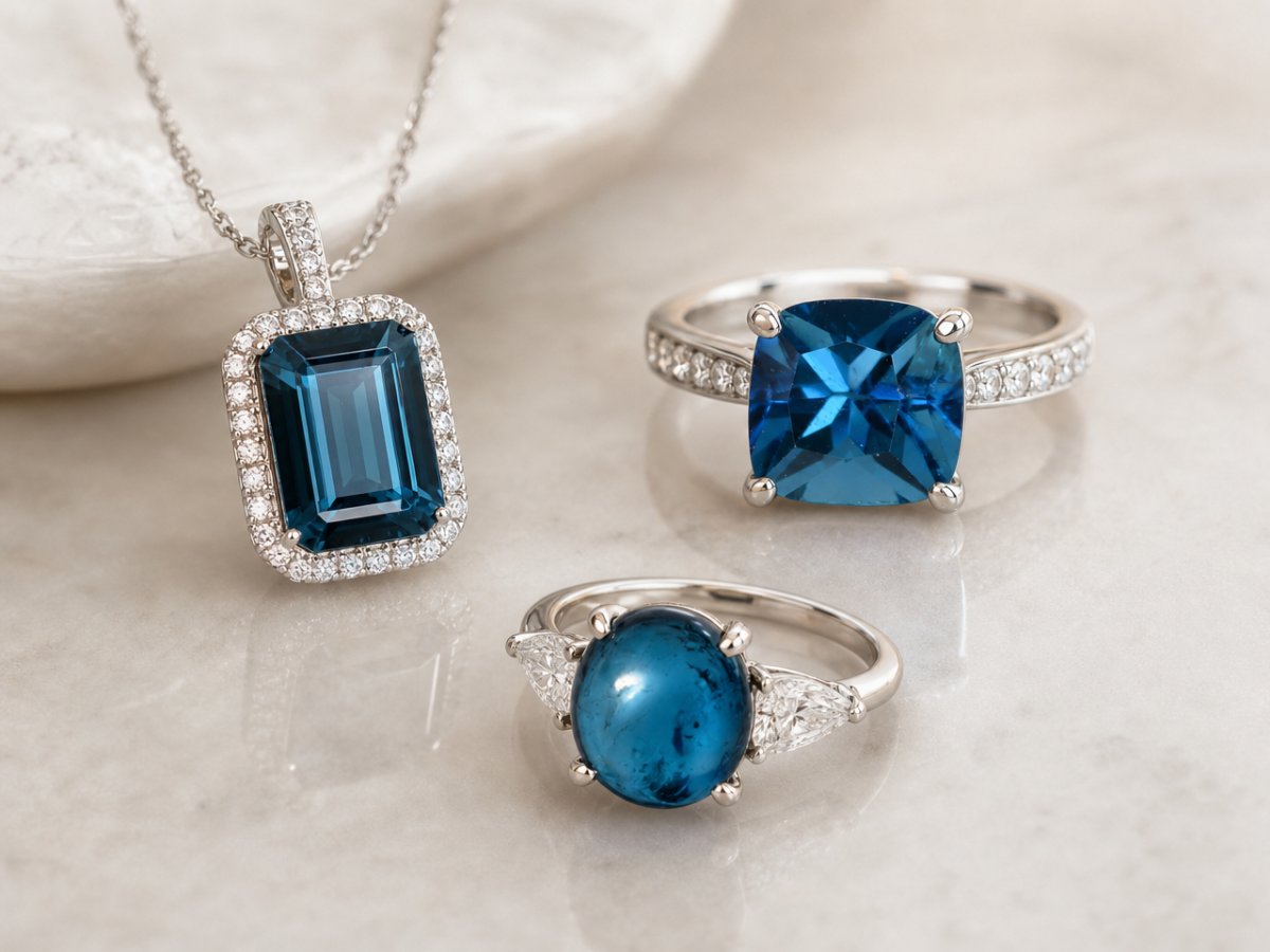 Blue Tourmaline gemstones shown in jewelry