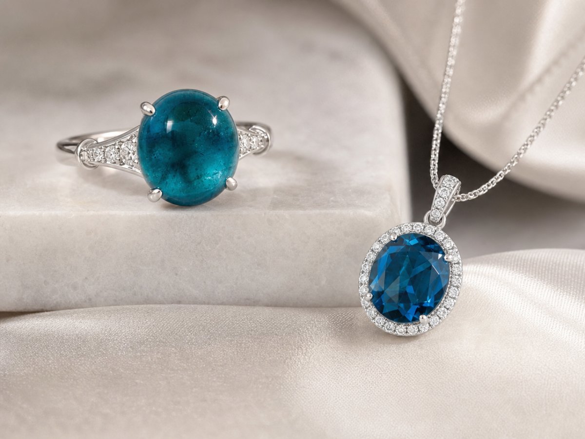 Blue Tourmaline gemstones shown in jewelry