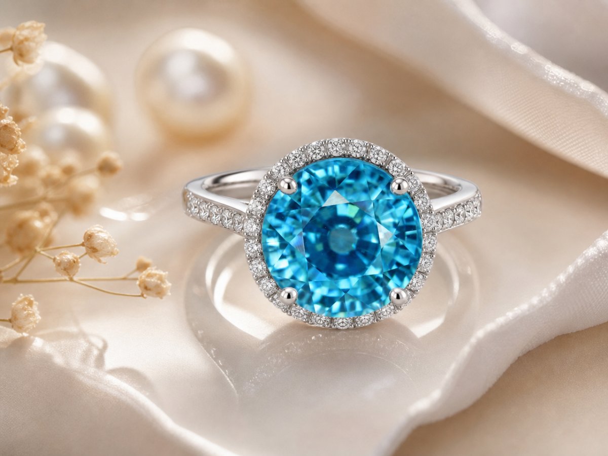 Blue Zircon gemstones shown in jewelry