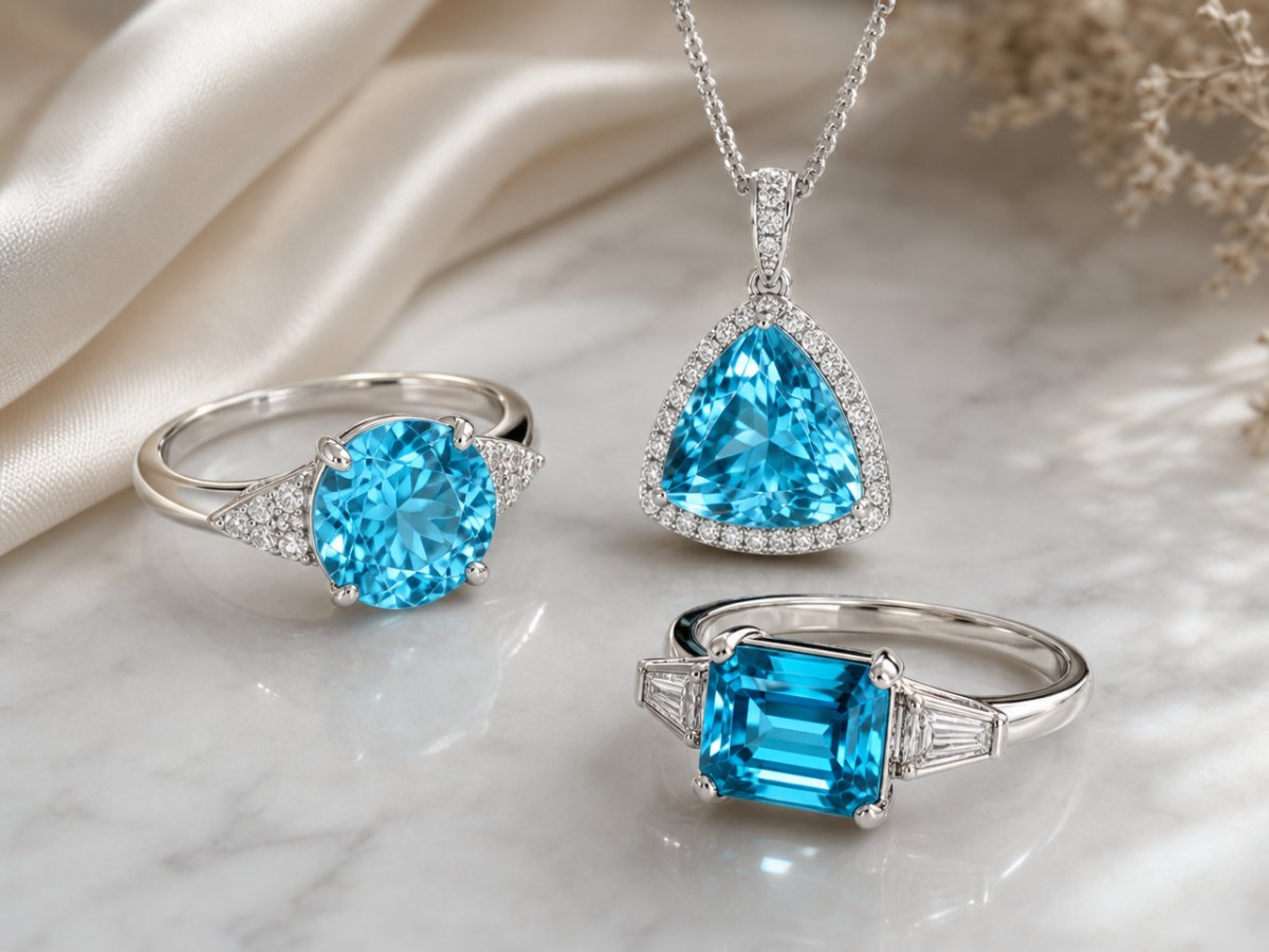 Blue Zircon gemstones shown in jewelry