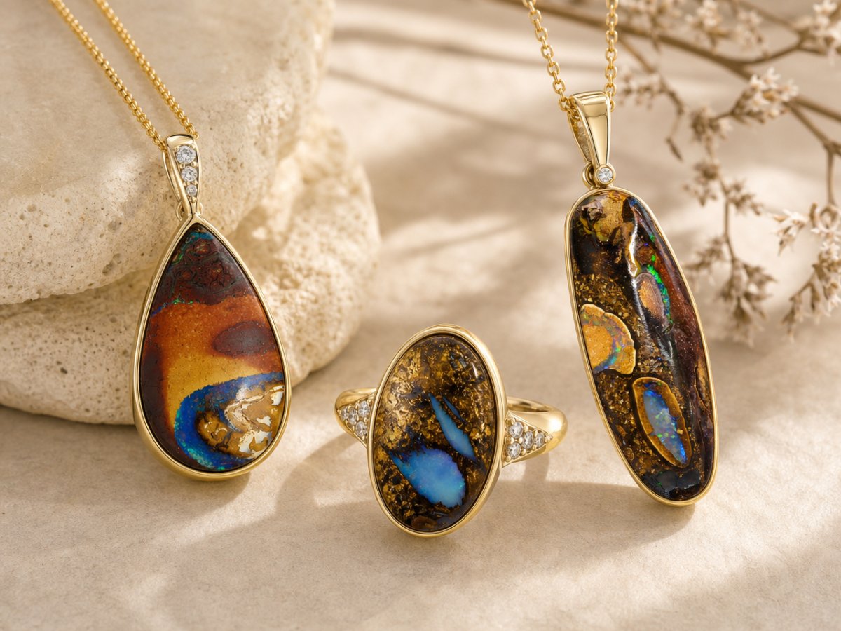 Boulder Opal gemstones shown in jewelry