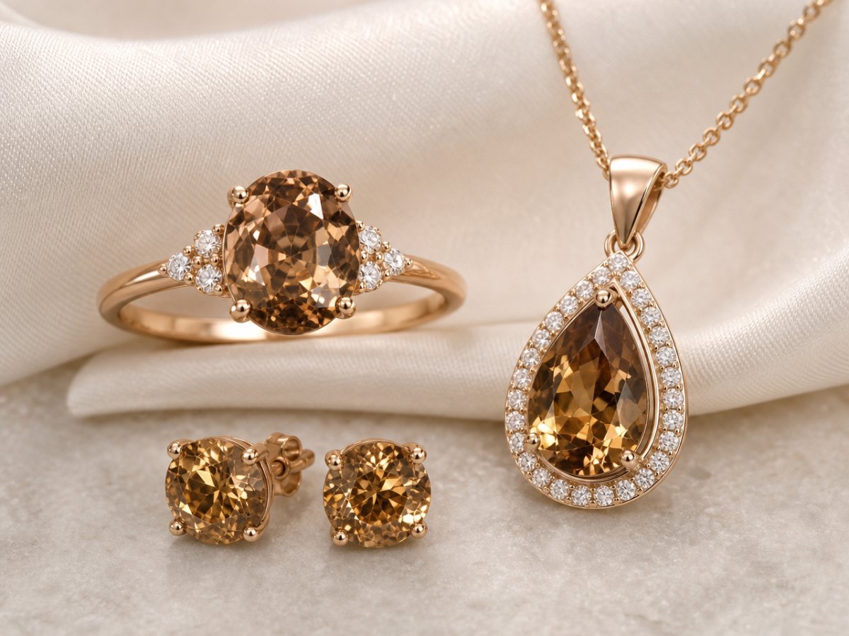 Brown Zircon gemstones shown in jewelry