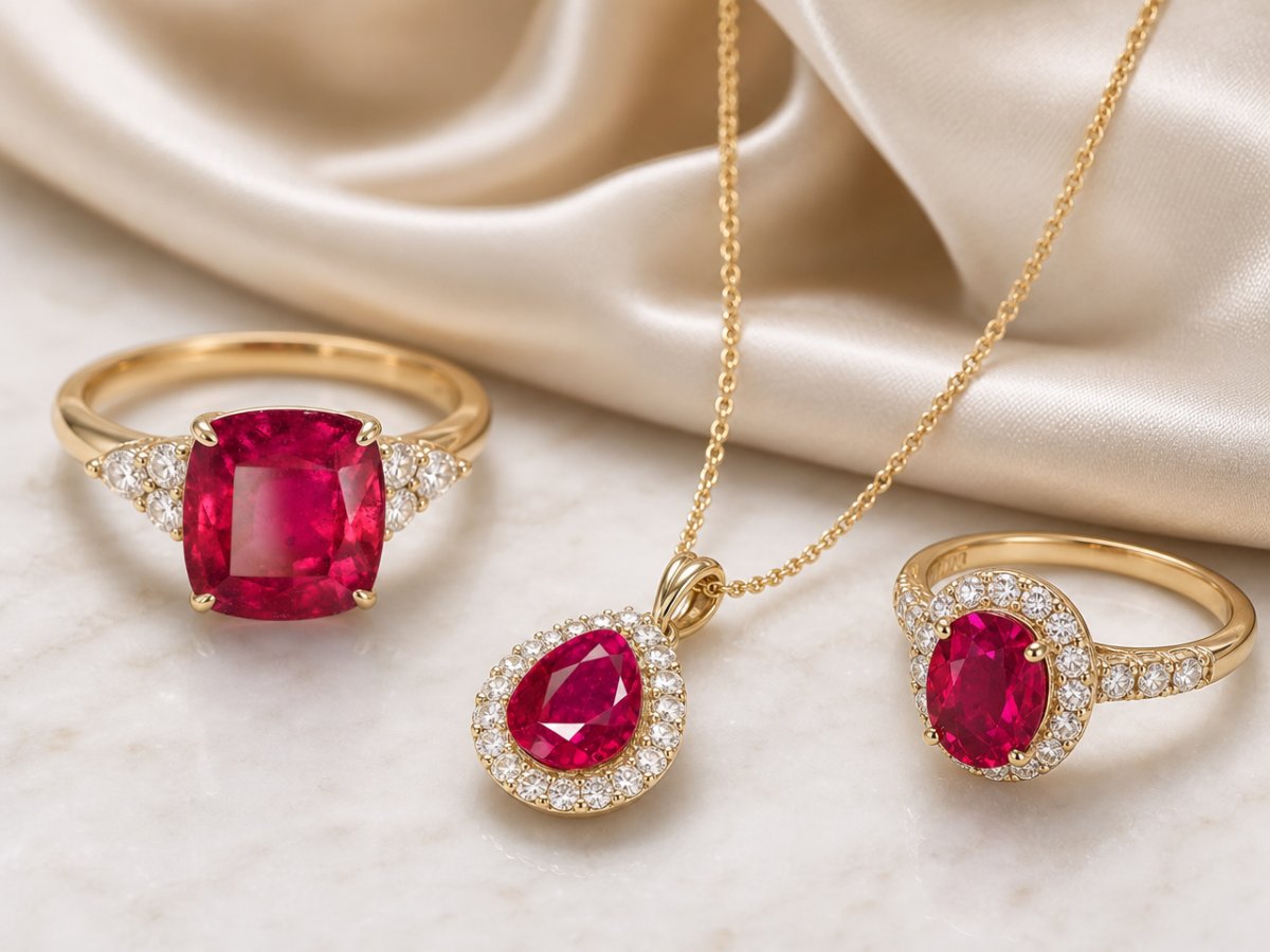 Burma Ruby gemstones shown in jewelry