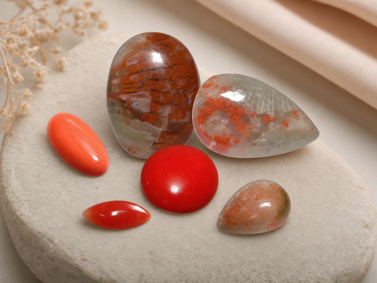 Loose cabochon cut coral gemstones with smooth polished domes