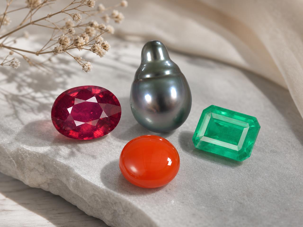 Loose Cancer birthstones including moonstone, ruby, emerald and carnelian