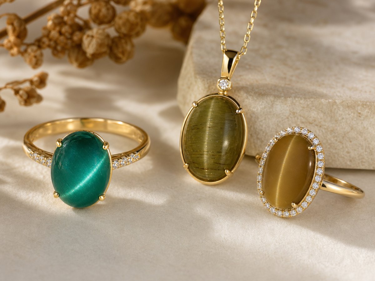 Cat's Eye Apatite gemstones shown in jewelry