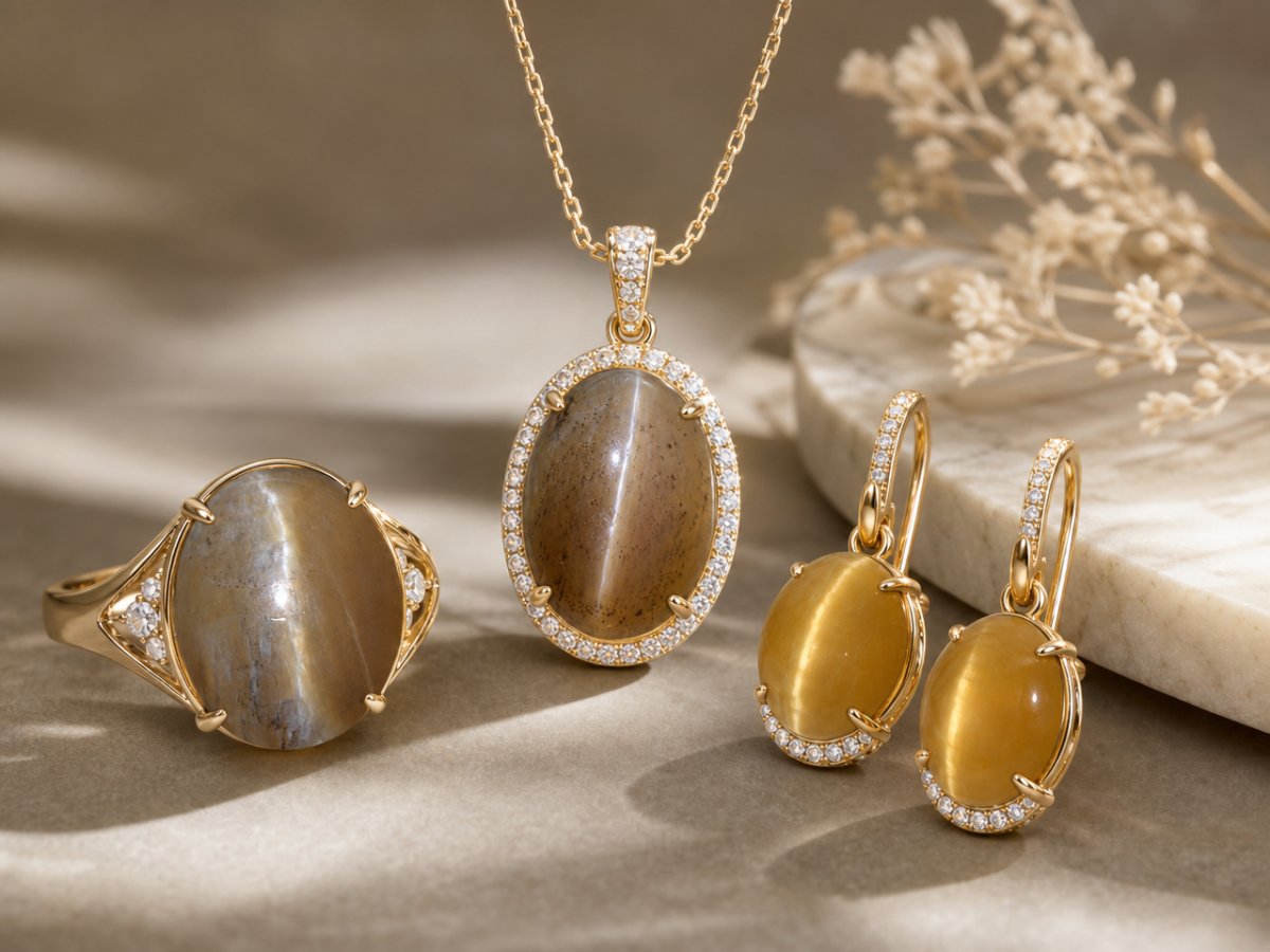 Cat's Eye Opal gemstones shown in jewelry