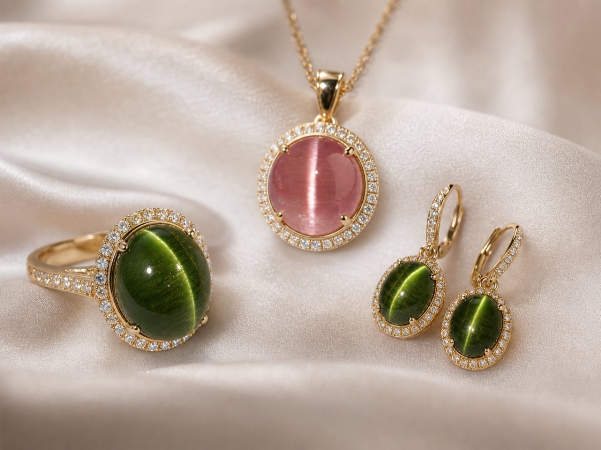 Cat's Eye Tourmaline gemstones shown in jewelry