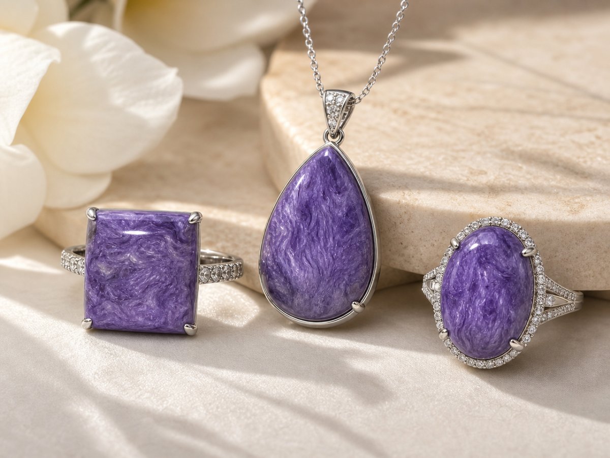 Charoite gemstones shown in jewelry