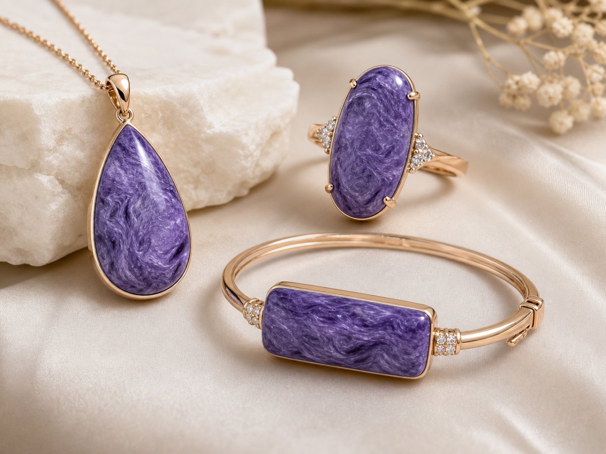Charoite gemstones shown in jewelry