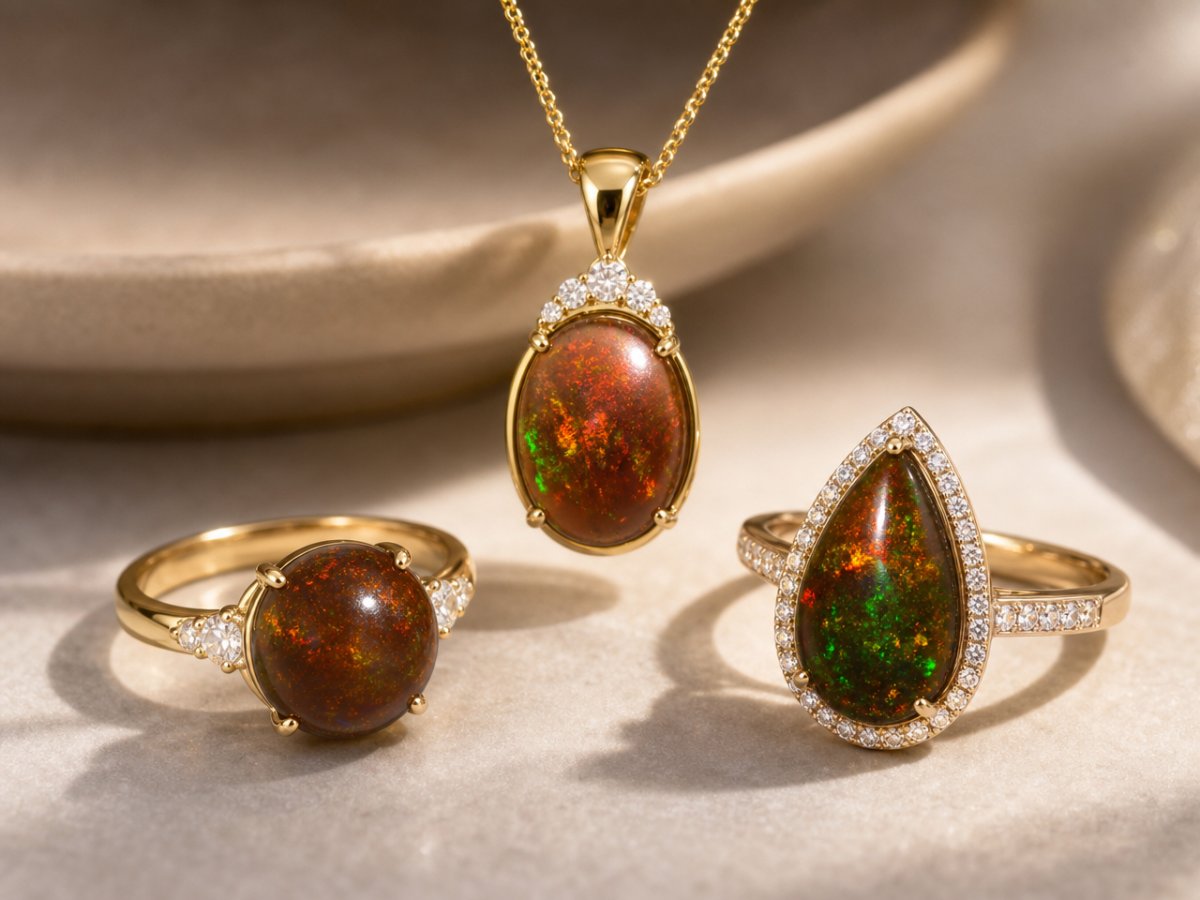 Chocolate Opal gemstones shown in jewelry