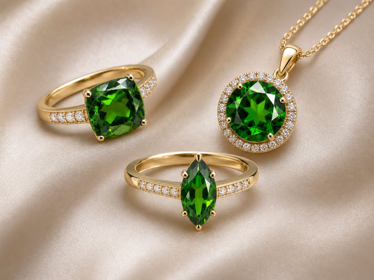 Chrome Diopside gemstones shown in jewelry