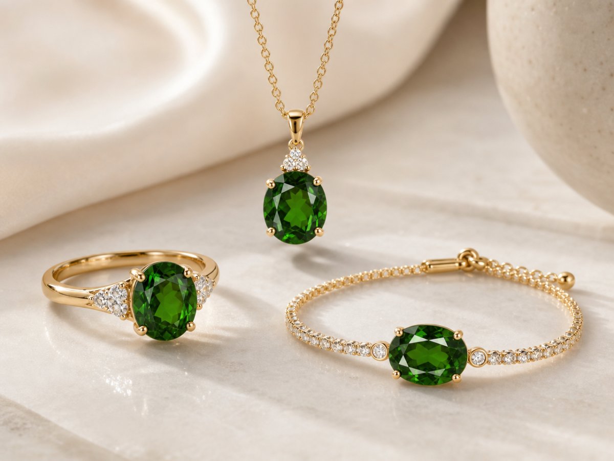 Chrome Diopside gemstones shown in jewelry