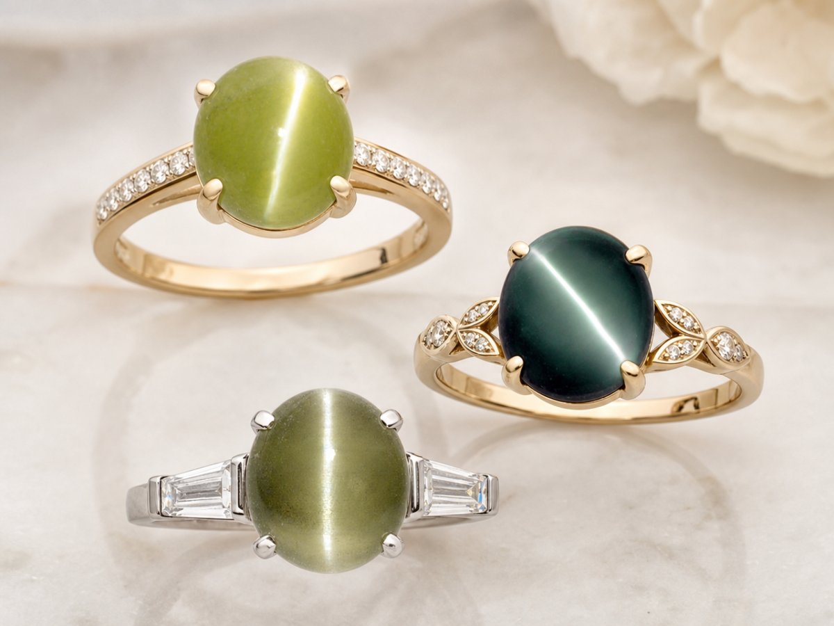 Chrysoberyl Cat's Eye gemstones shown in jewelry