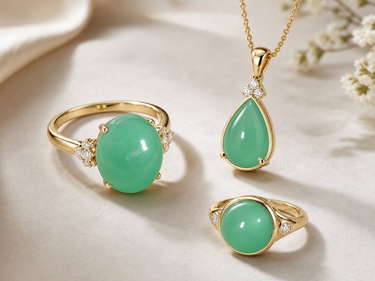 Chrysoprase gemstones shown in jewelry