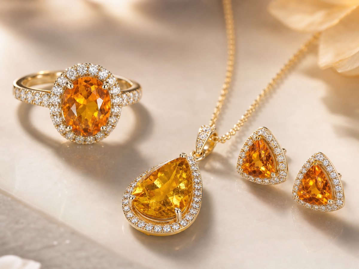 Clinohumite gemstones shown in jewelry