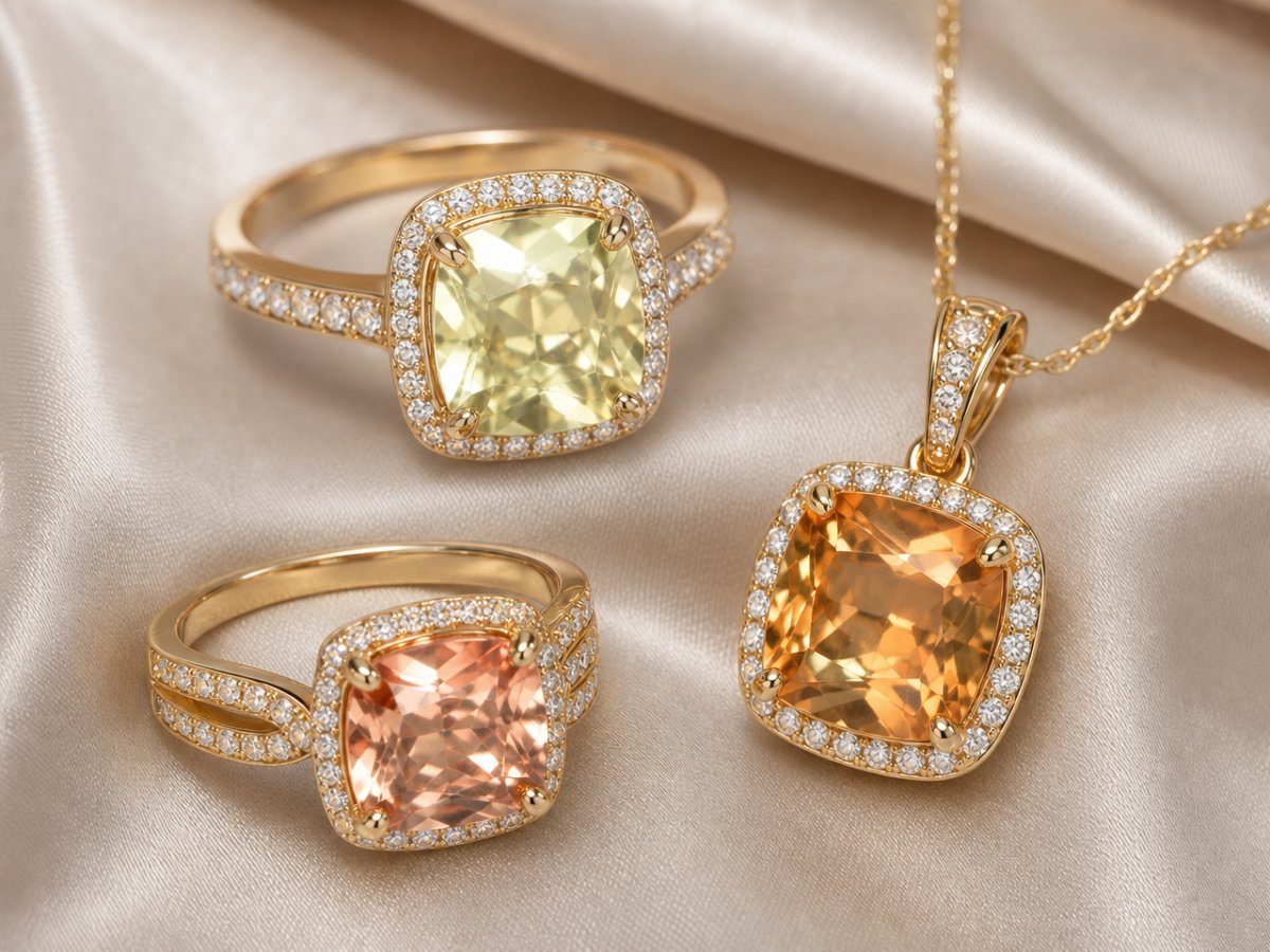 Color-Change Diaspore gemstones shown in jewelry
