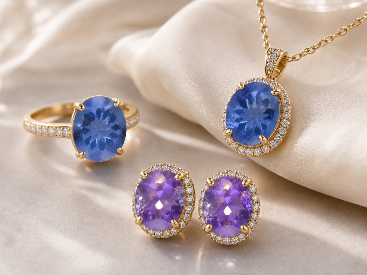 Color-Change Fluorite gemstones shown in jewelry
