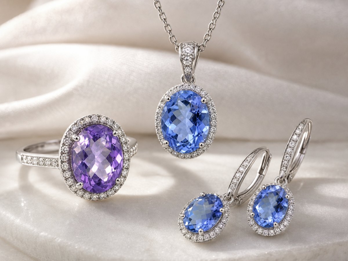 Color-Change Fluorite gemstones shown in jewelry