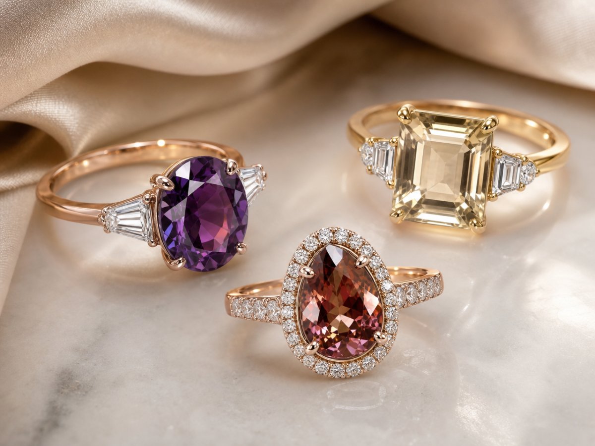 Color-Change Sapphire gemstones shown in jewelry