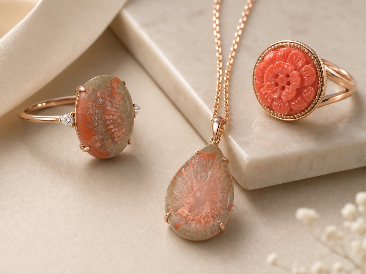 Coral gemstones shown in jewelry