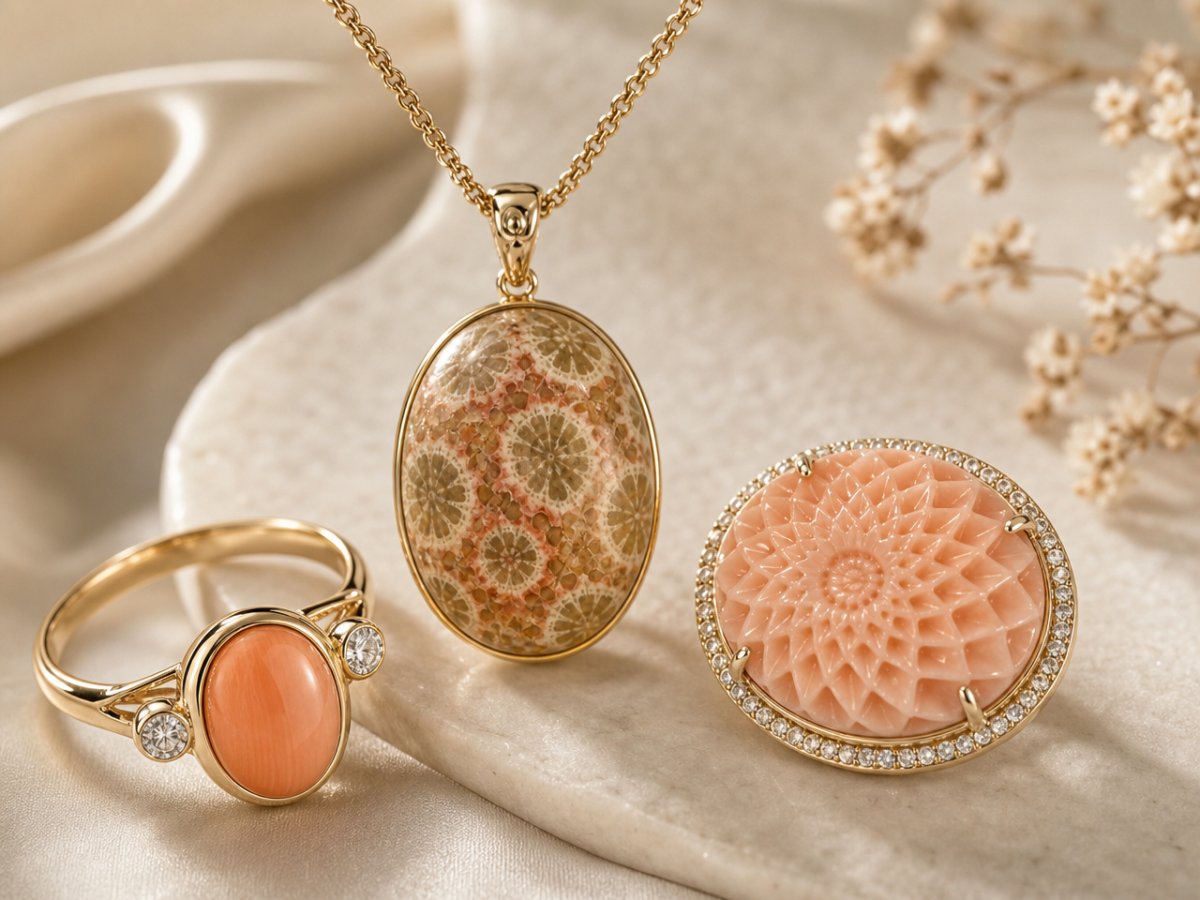 Coral gemstones shown in jewelry