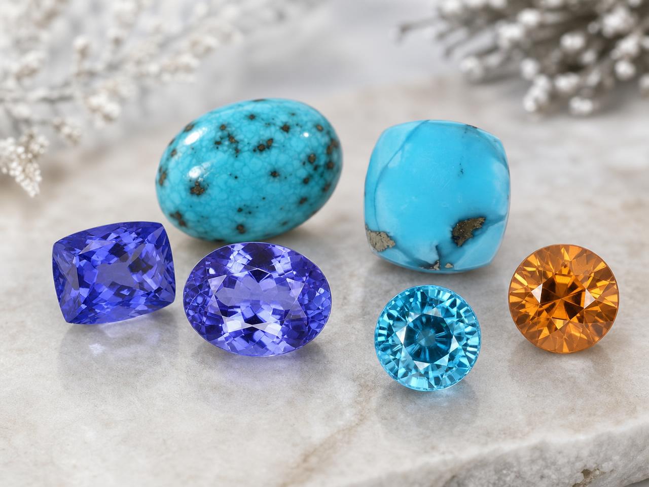 Loose December birthstones including turquoise, tanzanite and zircon