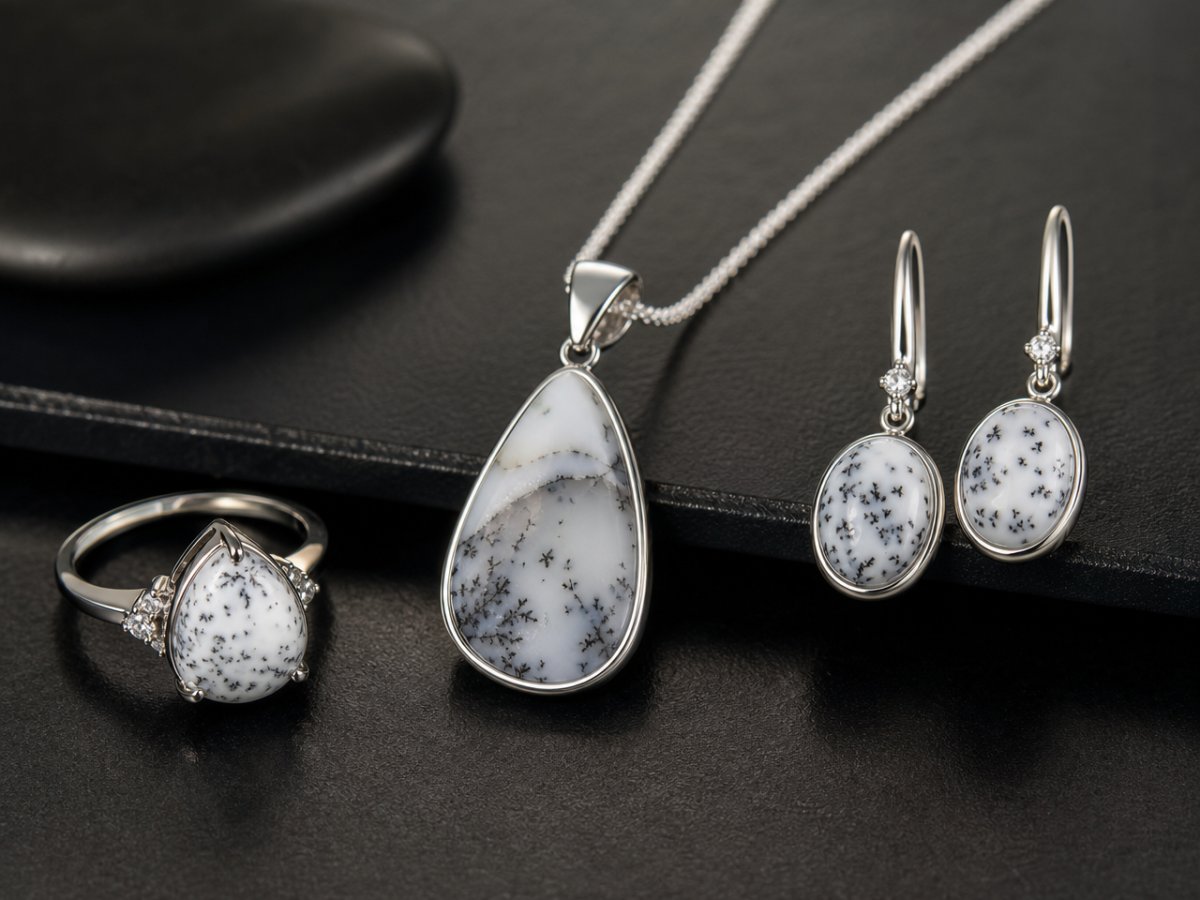 Dendritic Agate gemstones shown in jewelry