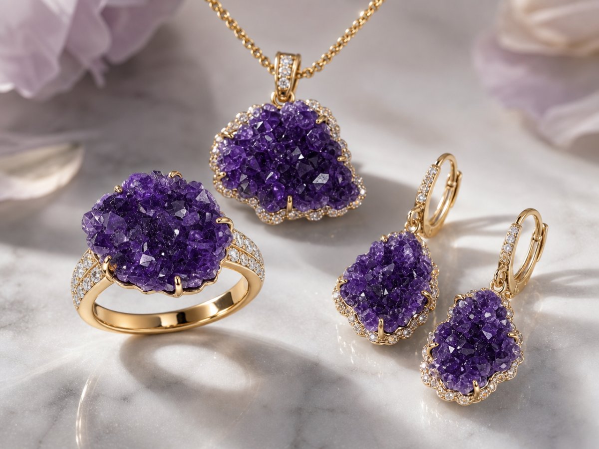 Druzy Amethyst gemstones shown in jewelry