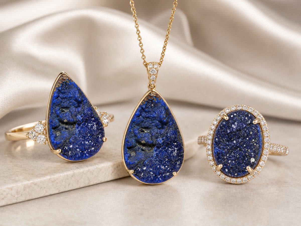 Druzy Azurite gemstones shown in jewelry