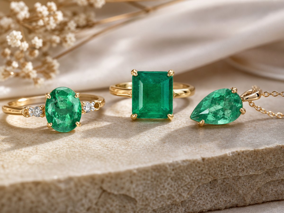 Emerald gemstones shown in jewelry