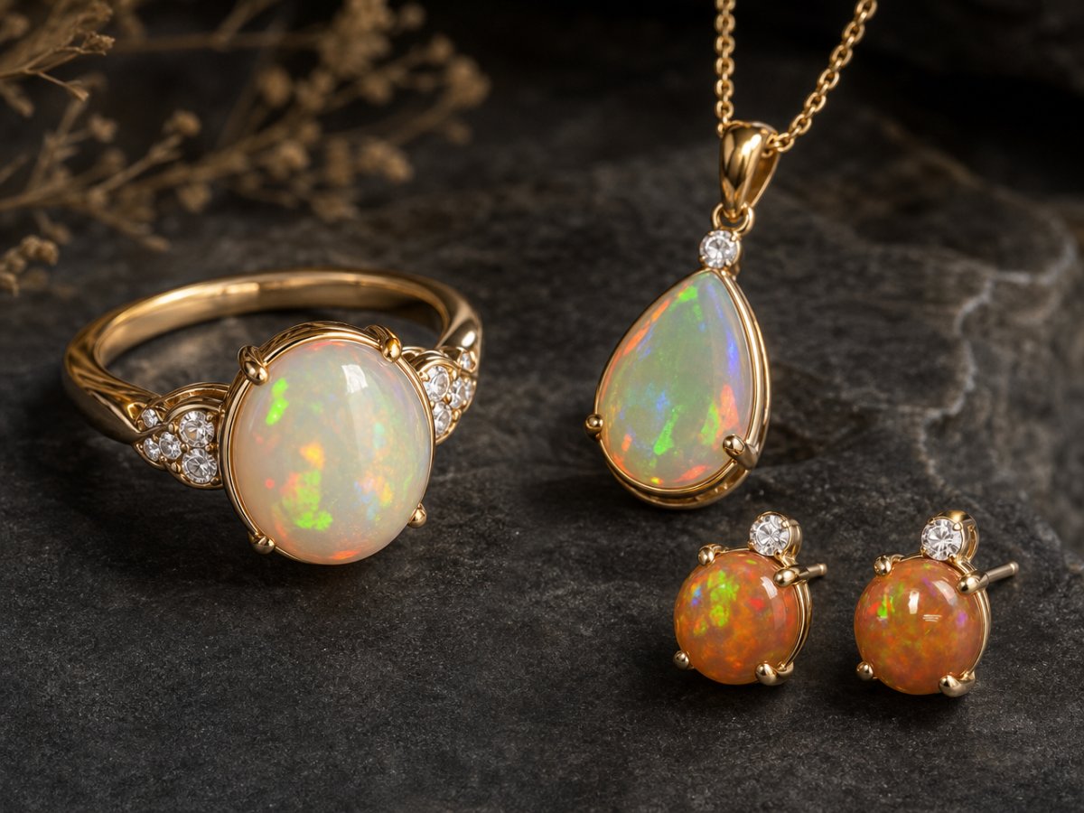 Ethiopian Opal gemstones shown in jewelry