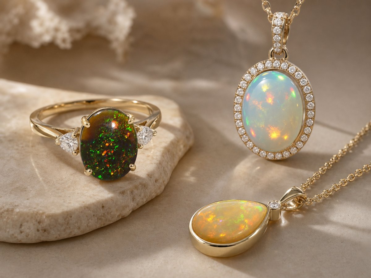 Ethiopian Opal gemstones shown in jewelry