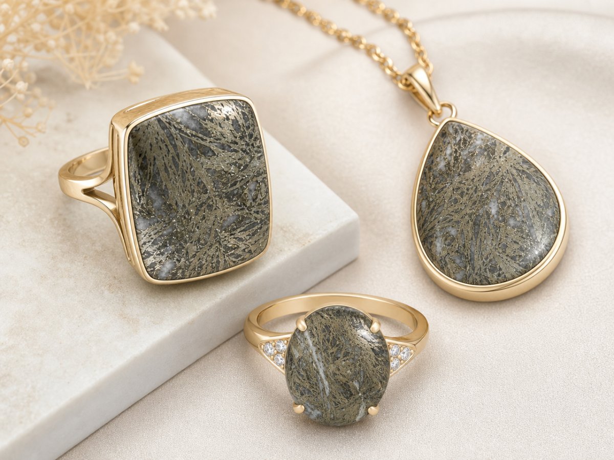 Feather Pyrite gemstones shown in jewelry