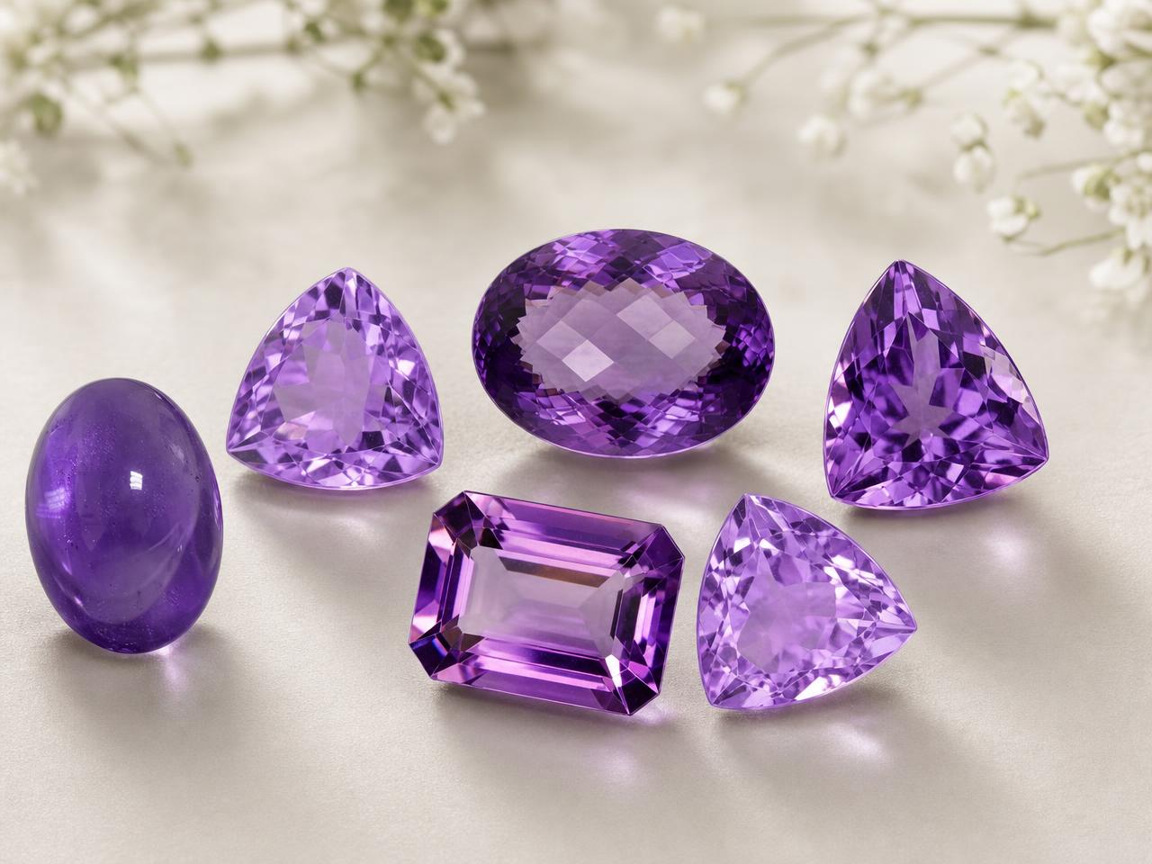 Loose purple amethyst gemstones for February birthstone jewelry