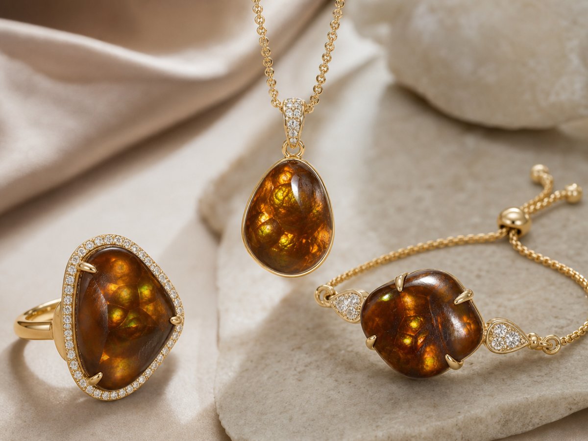 Fire Agate gemstones shown in jewelry
