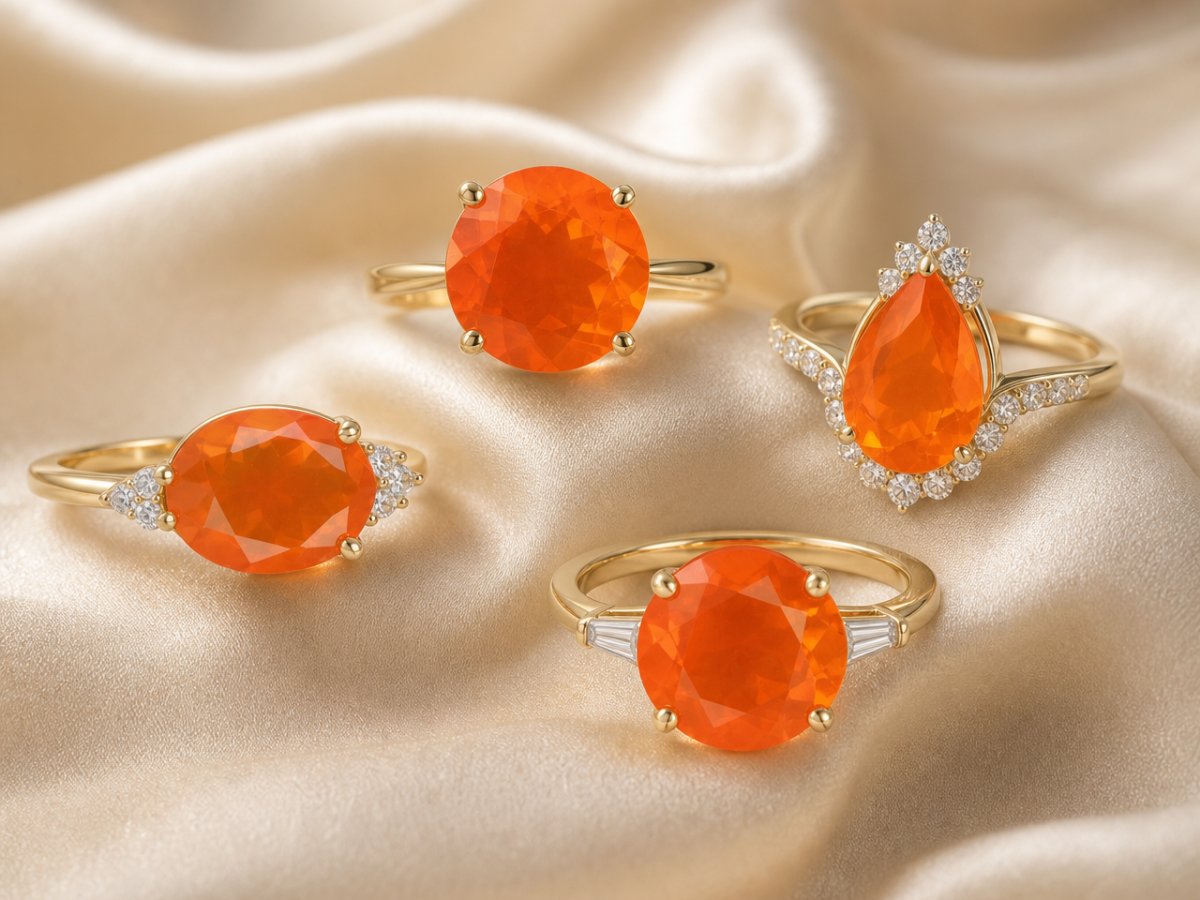 Fire Opal gemstones shown in jewelry