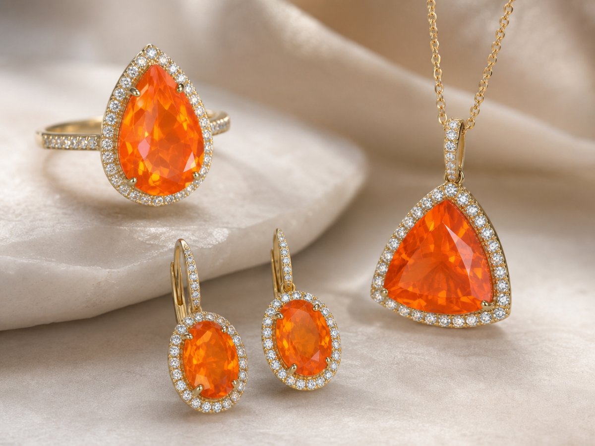 Fire Opal gemstones shown in jewelry